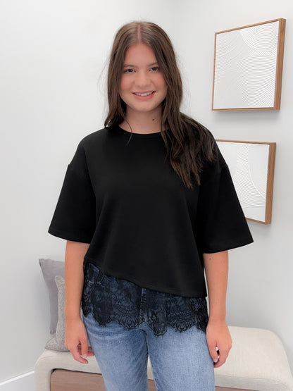 Usha Lace Bottom Tee in Black