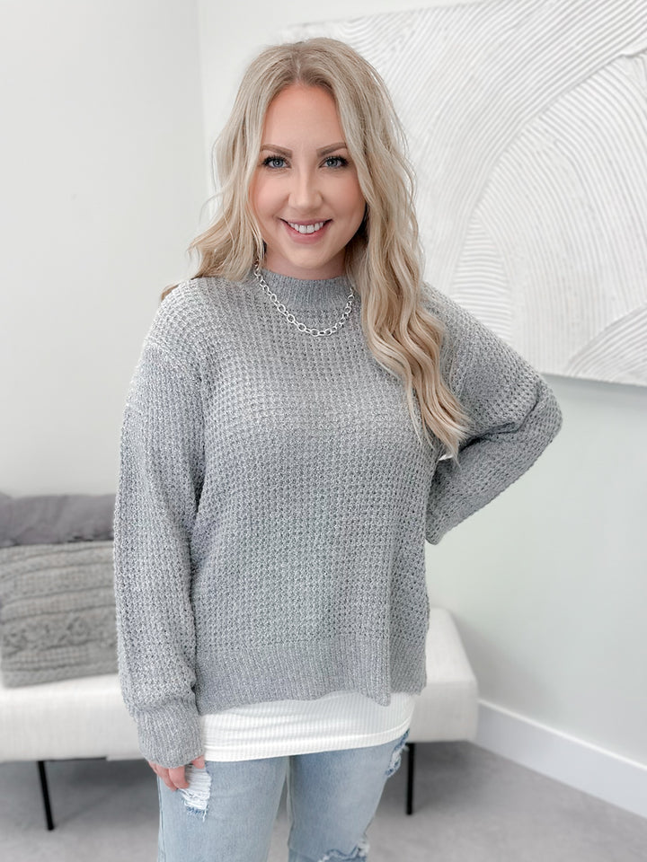 Heathered Waffle Knit Sweater in Grey by Grace & Lace