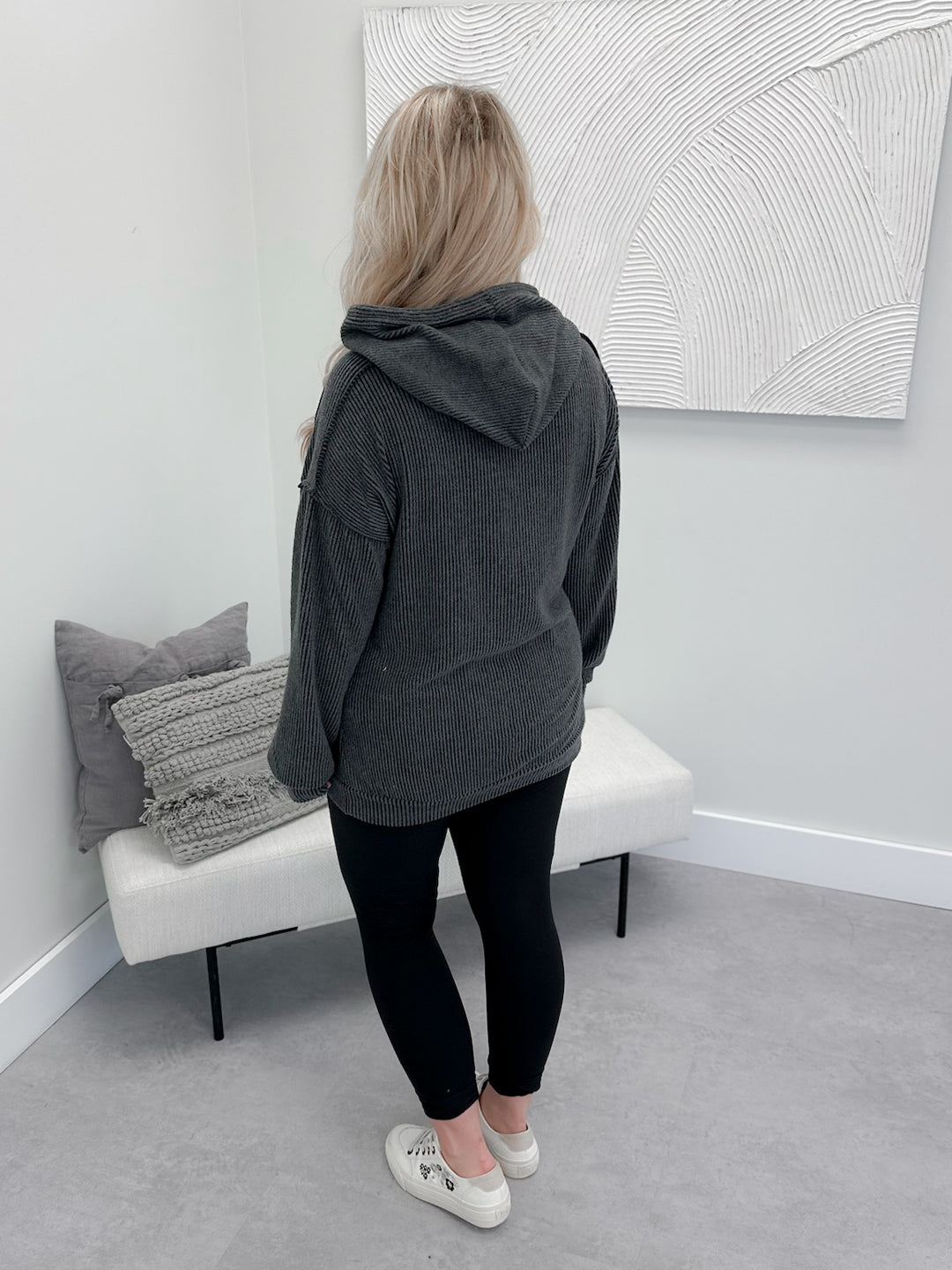 Woodland Ribbed Hoodie in Charcoal