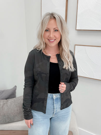 Button Front Long Sleeve Lulu in Cross Country Camo by Ampersand Ave