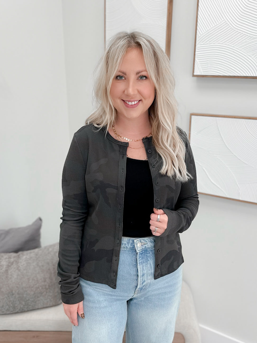Button Front Long Sleeve Lulu in Cross Country Camo by Ampersand Ave