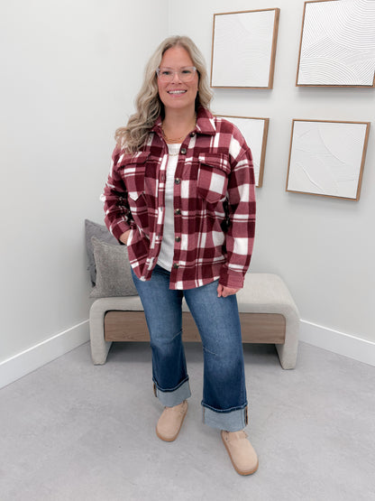 Hazy Fleece Shacket in Burgundy Plaid