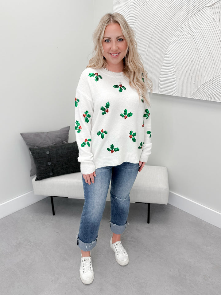 Holly Christmas Sweater in Ivory