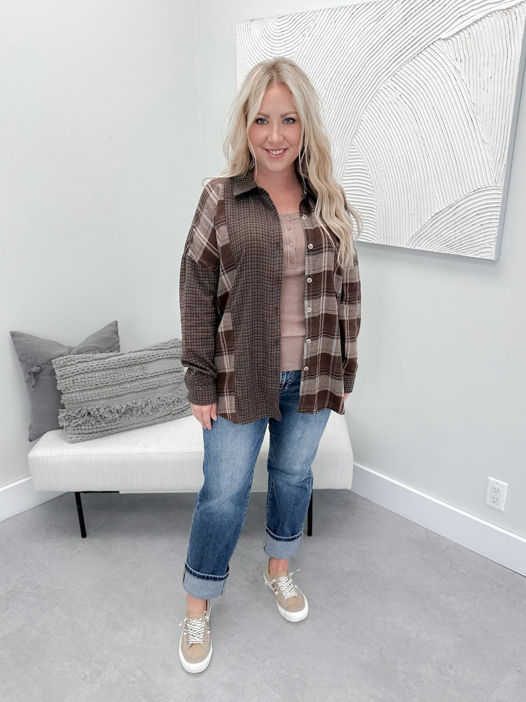 Eden Plaid Button Up Top in Brown