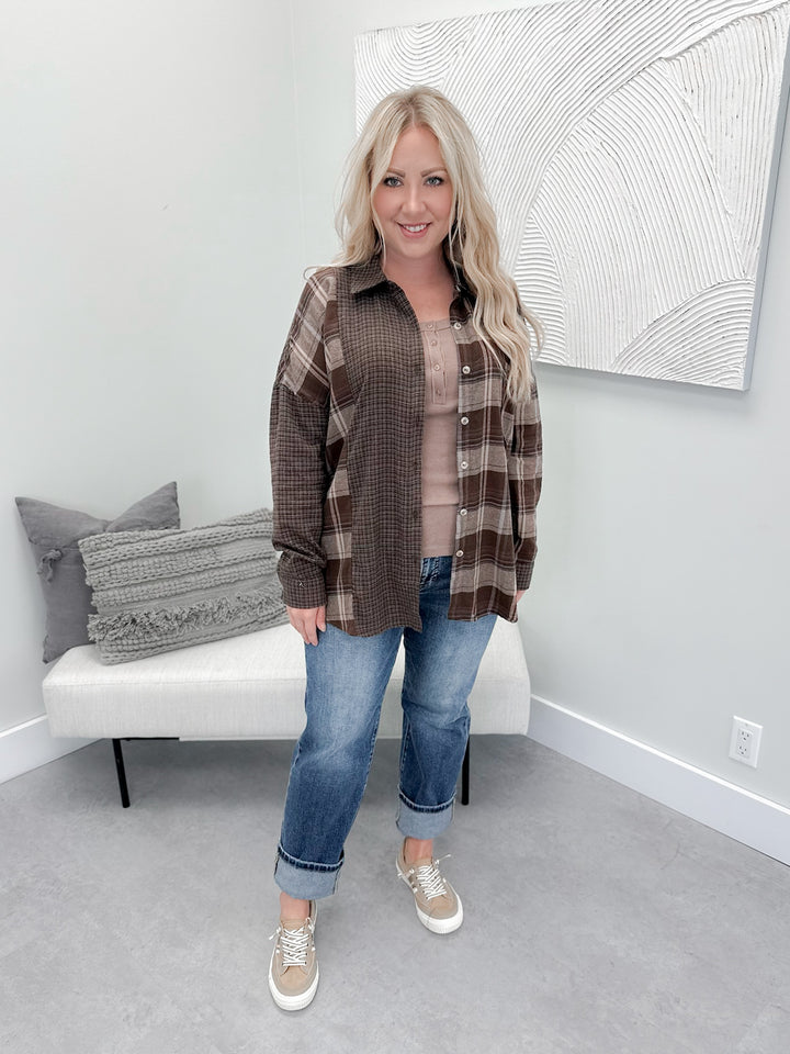 Eden Plaid Button Up Top in Brown