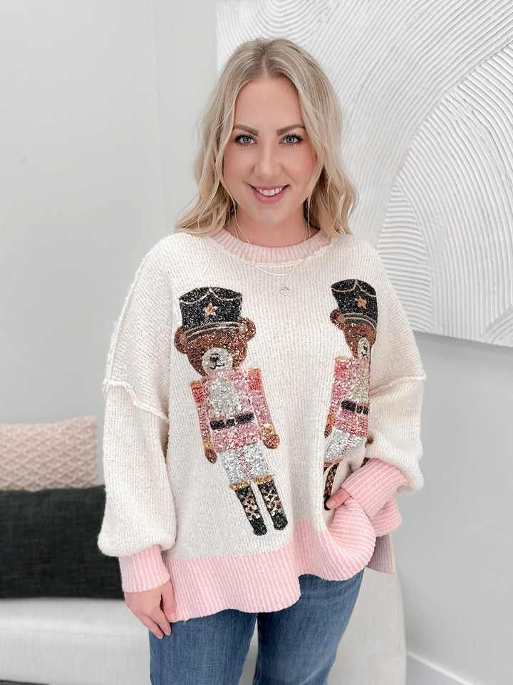 Marching Bears Sequin Sweater in Ivory