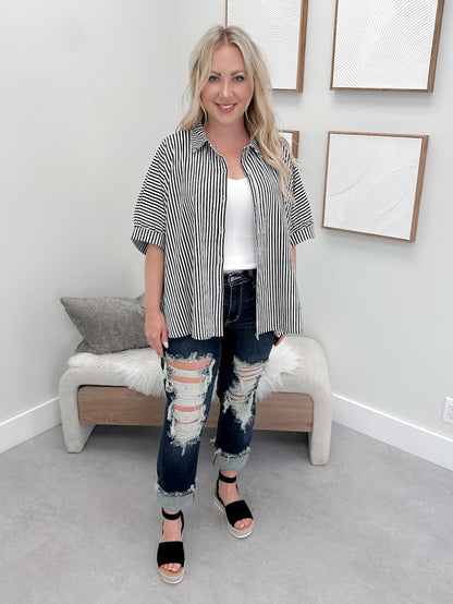 Domino Button Up Top in Black Stripe