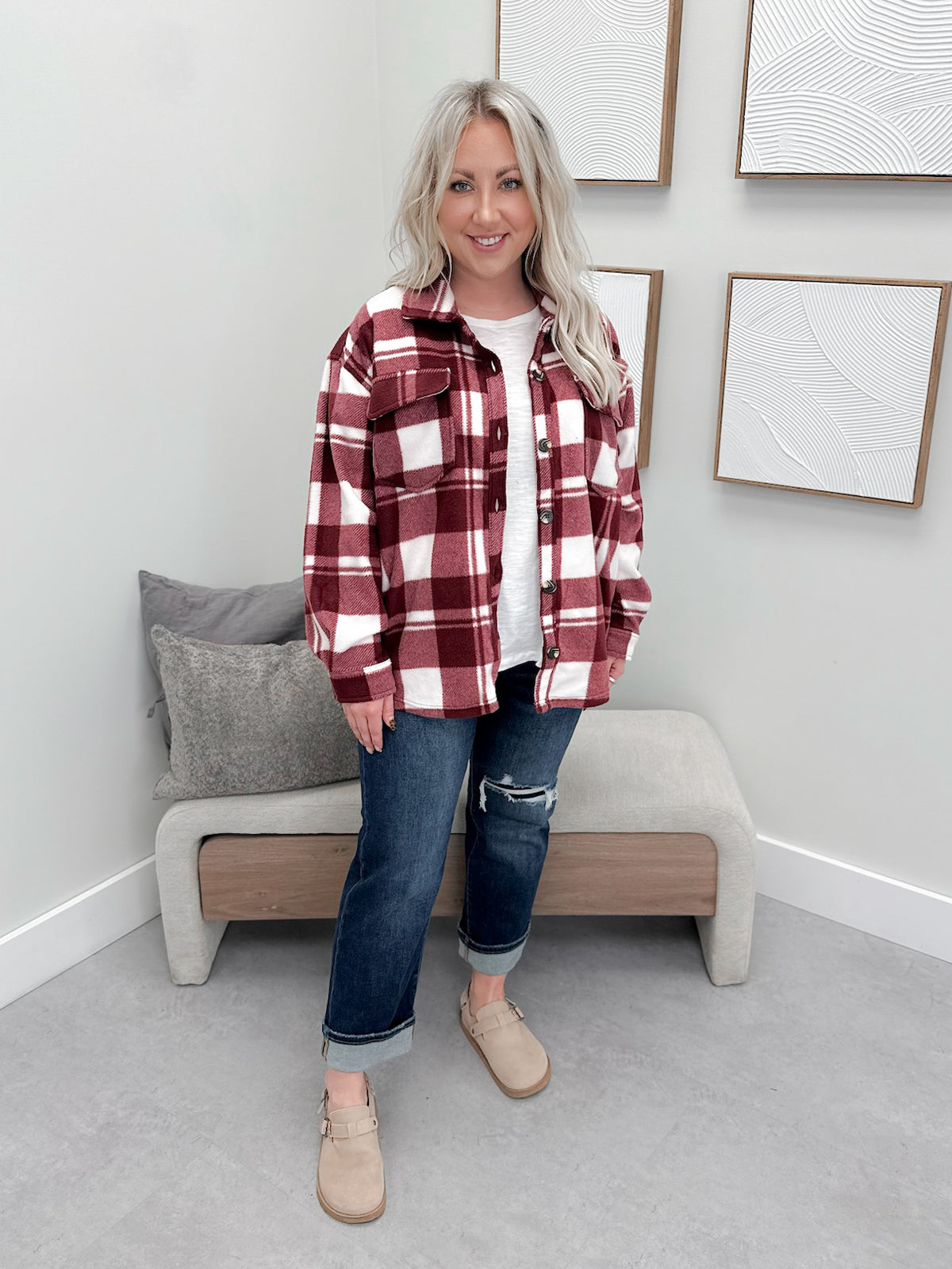 Hazy Fleece Shacket in Burgundy Plaid