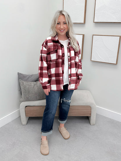 Hazy Fleece Shacket in Burgundy Plaid