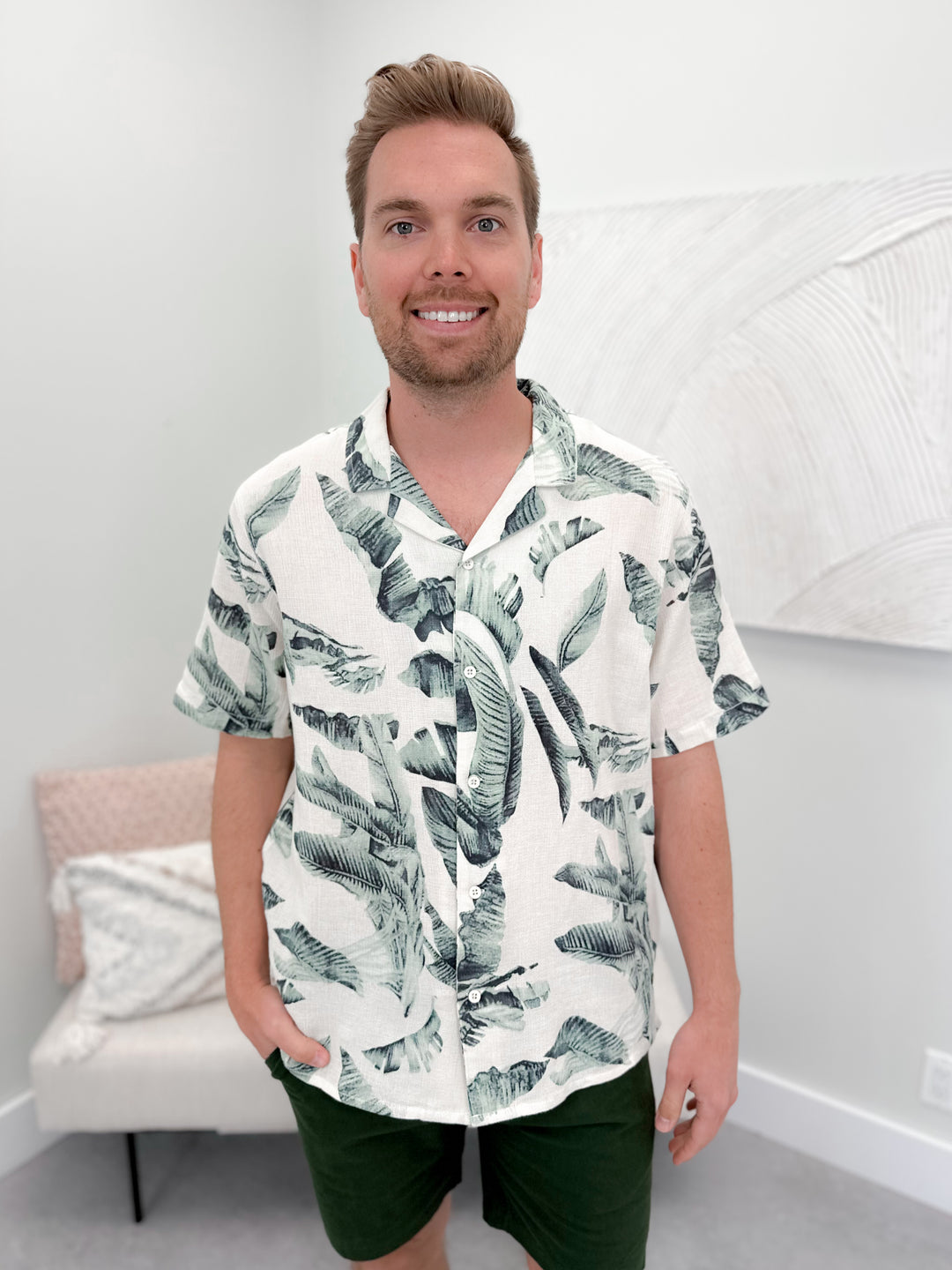 Bahamas Mens Button Up in Palm Leaf