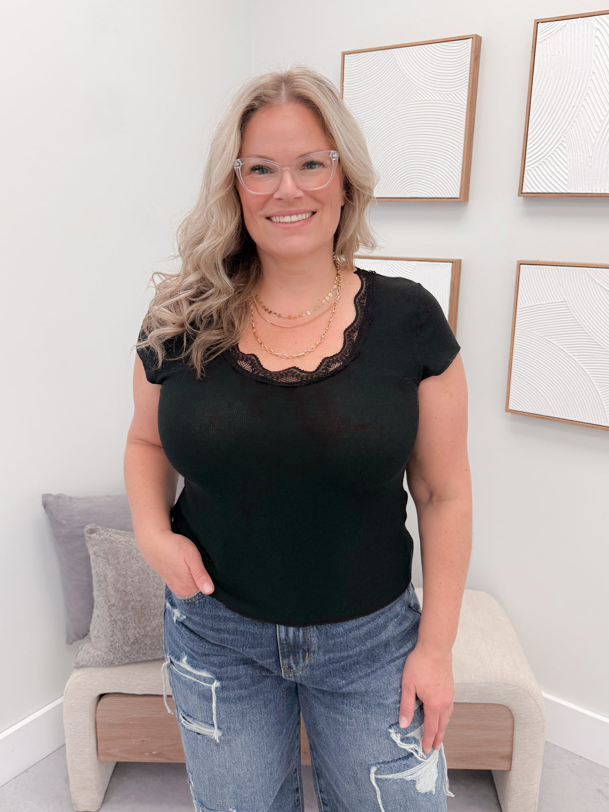 Lanna Lace Trim Tee in Black