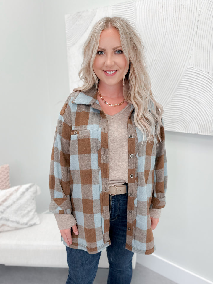 Blairmore Plaid Shacket in Ice Coffee