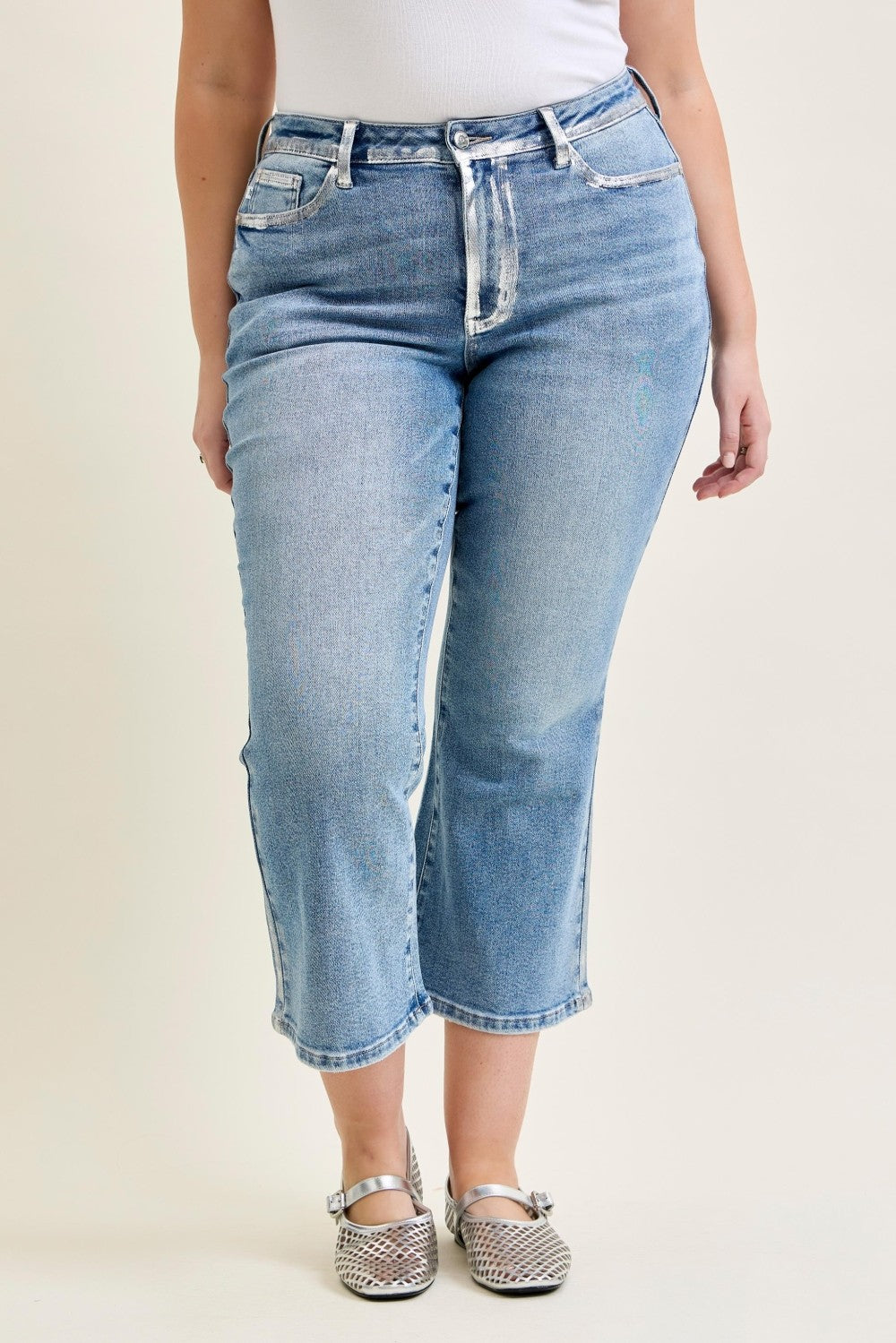 Silver Foil Kick Flare Jeans by Judy Blue