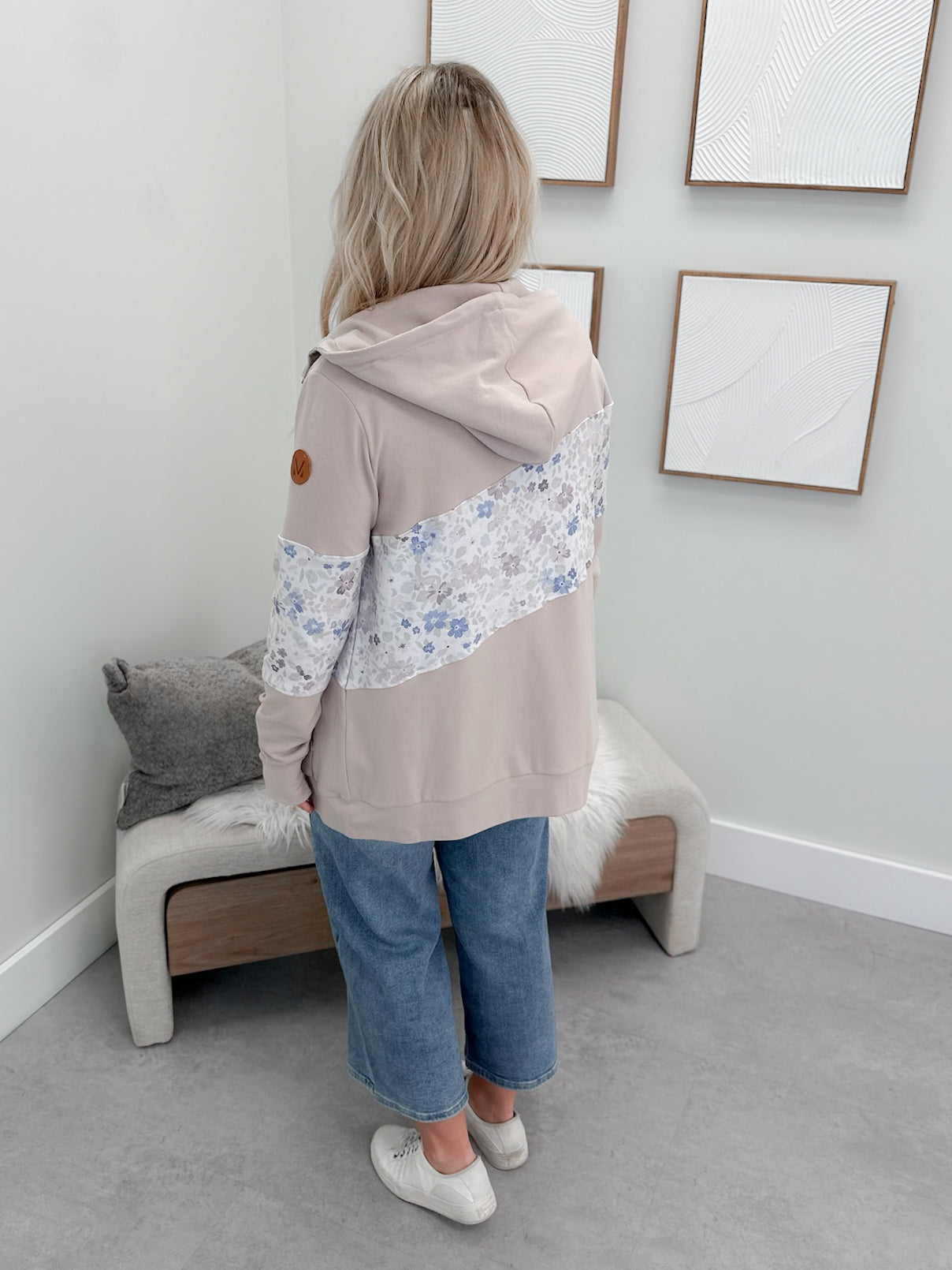 Nova Floral Strip Fullzip Hoodie in Taupe