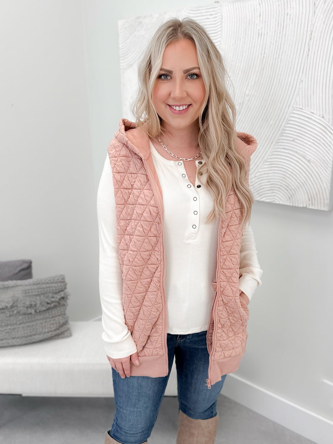 Timber Quilted Hoodie Vest in Blush