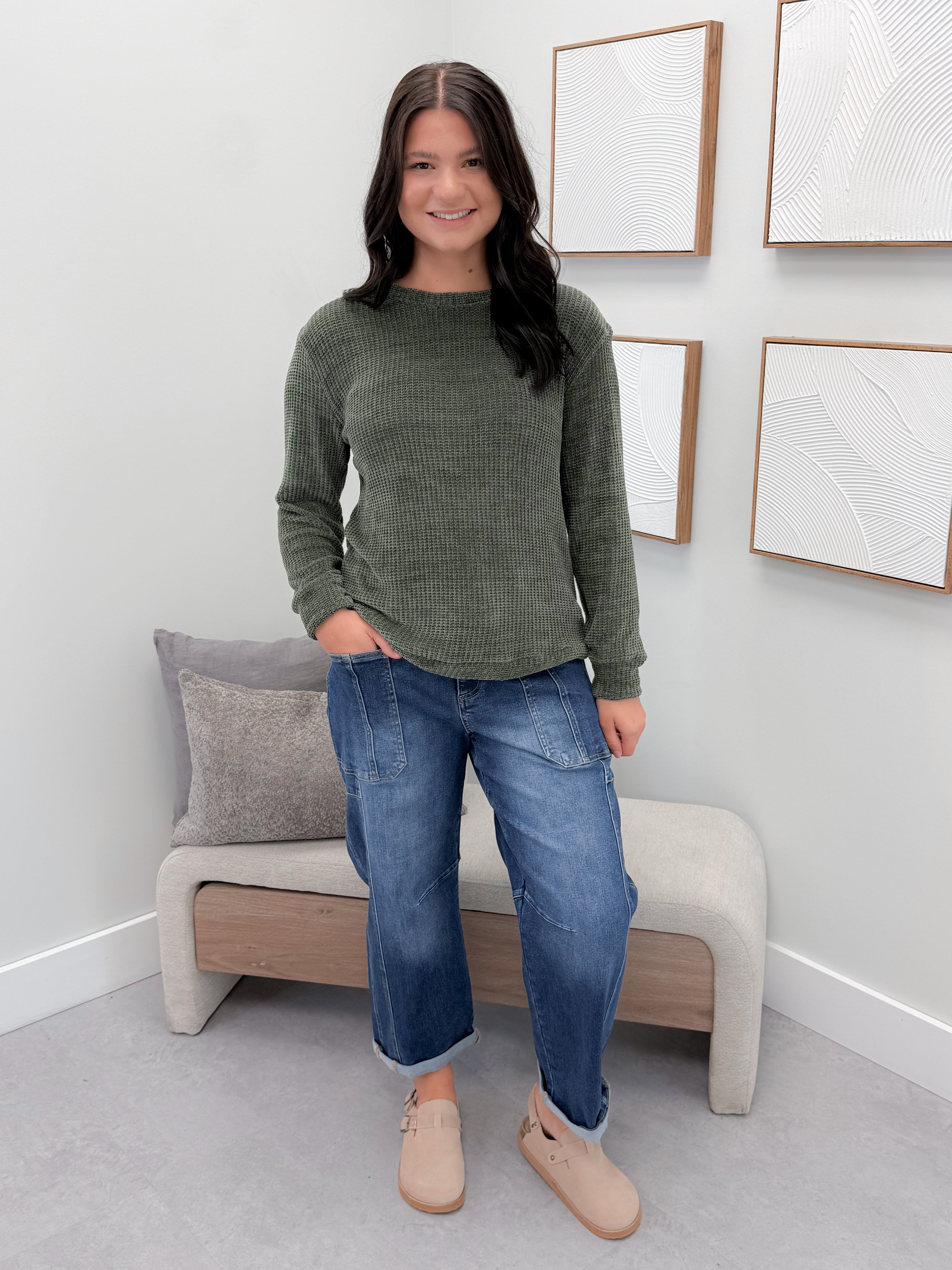 Tait Waffle Pullover in Olive