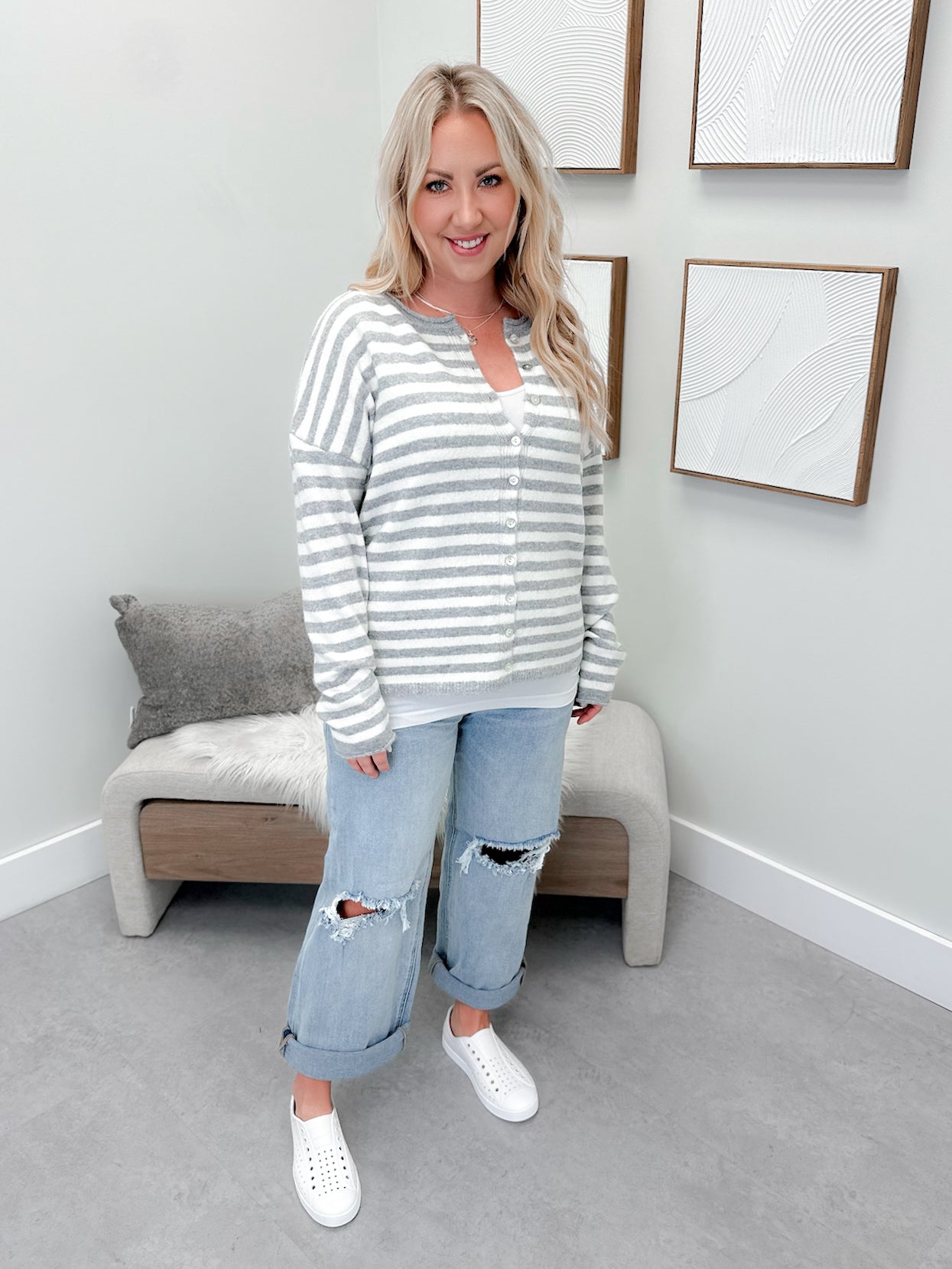 Prim Cardigan in Grey Stripe