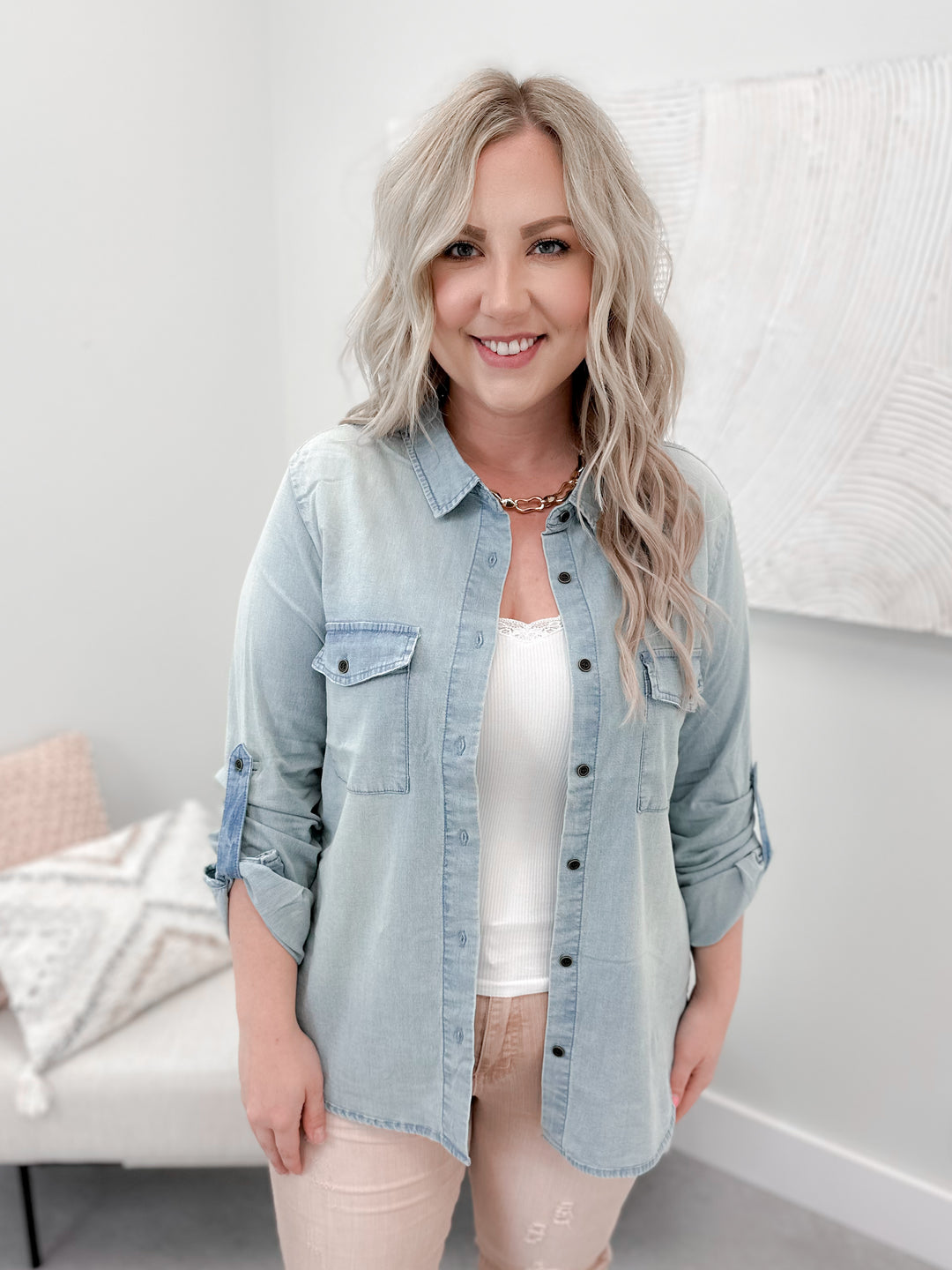Chambray Button Up in Light Wash by Grace & Lace