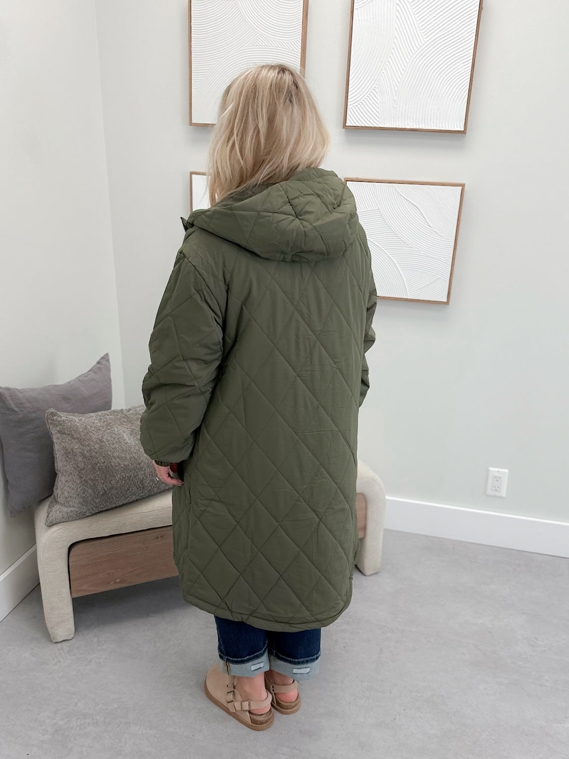 Cadence Longline Quilted Puffer Jacket in Army