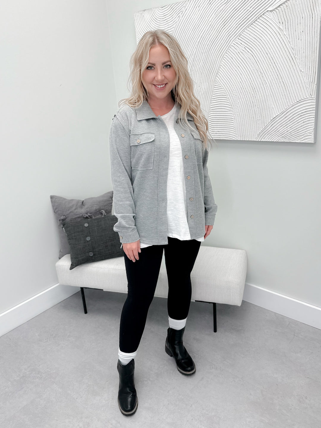 Waffle Knit Button Top in Grey