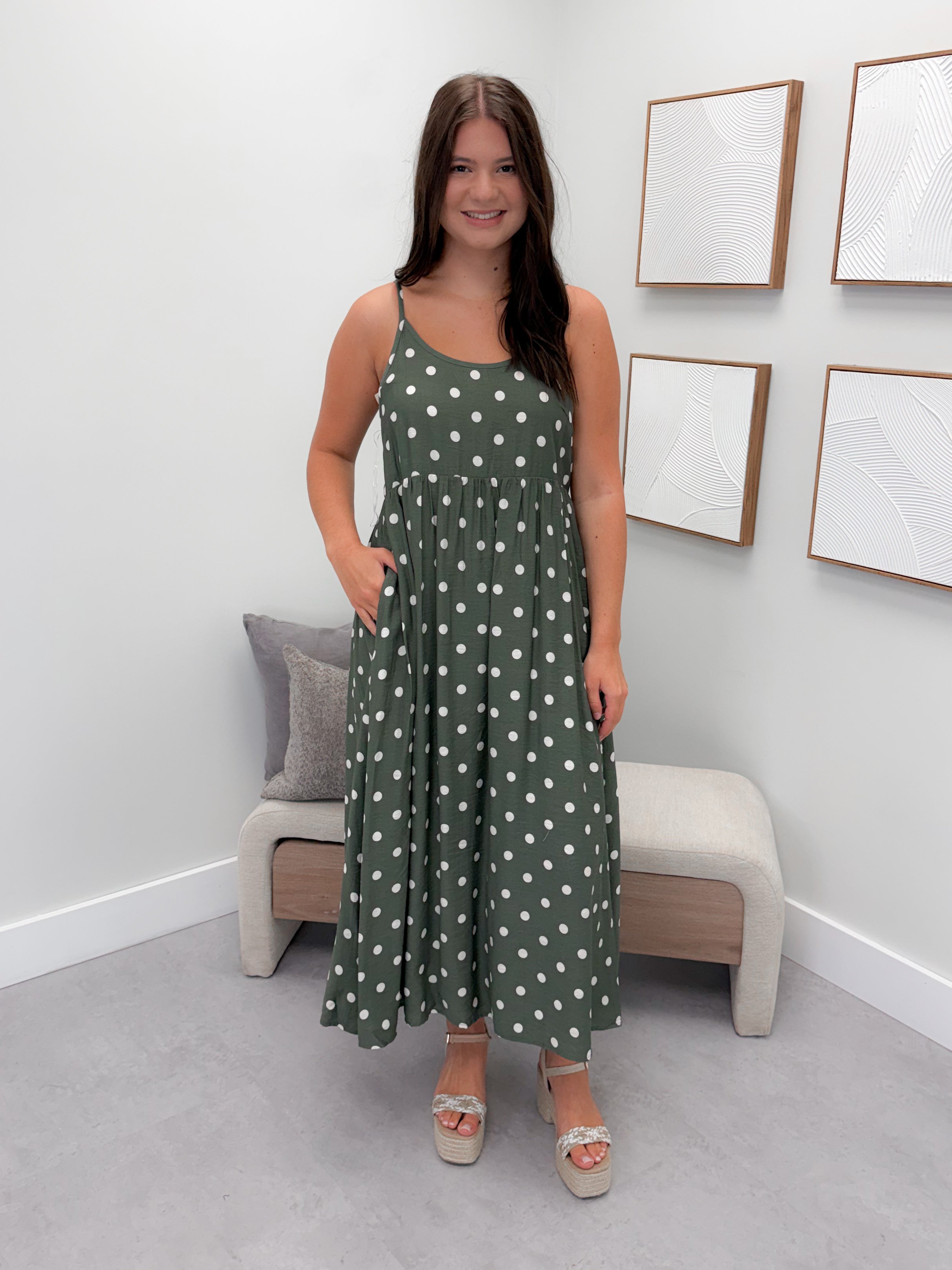 Audrey 2 Piece Dress in Olive Polka Dot