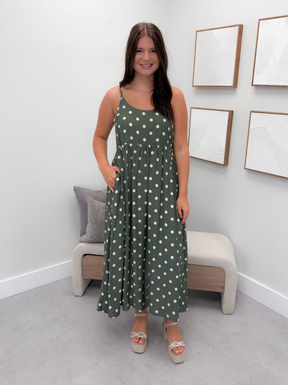 Audrey 2 Piece Dress in Olive Polka Dot