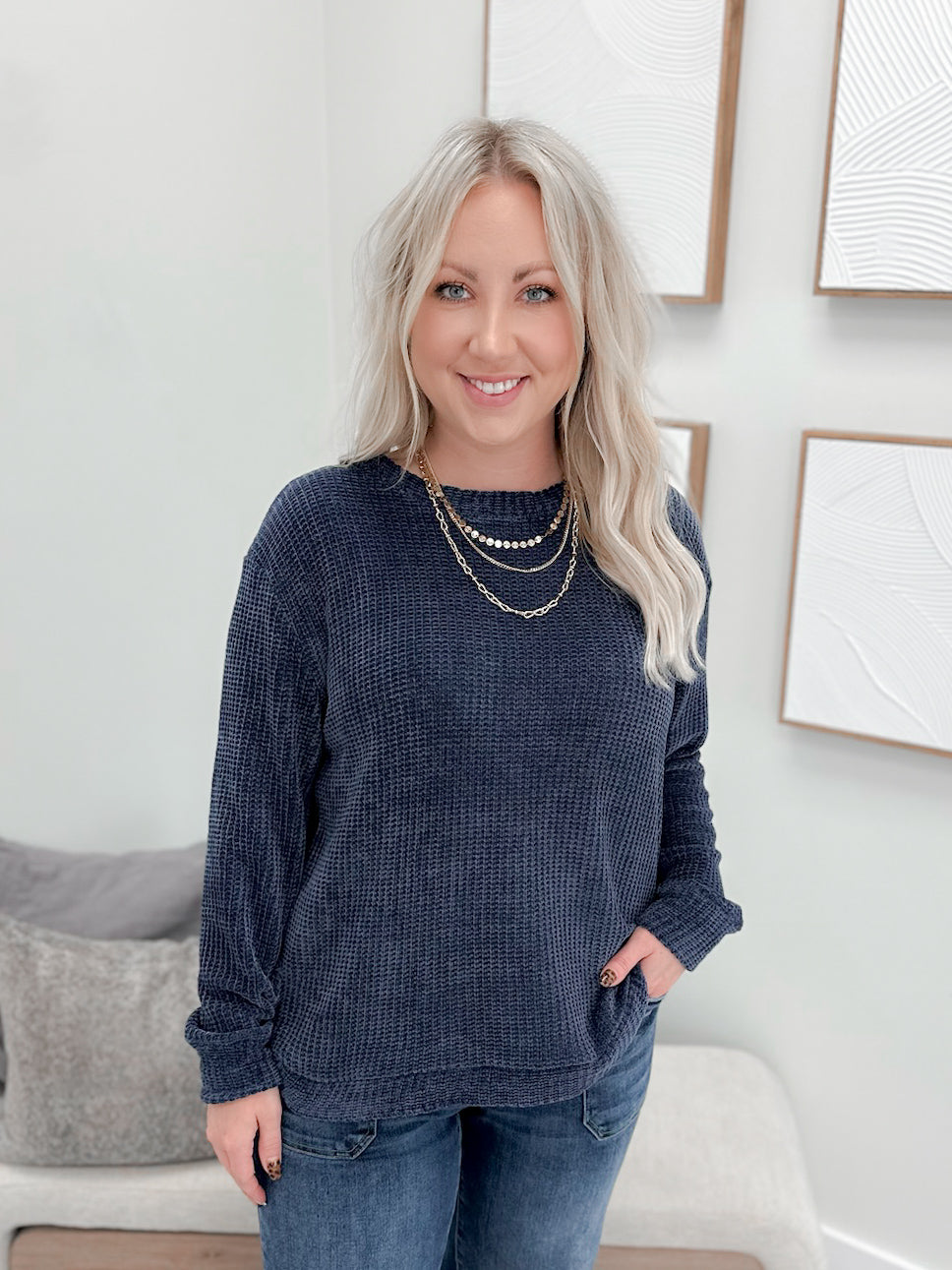 Tait Waffle Pullover in Navy