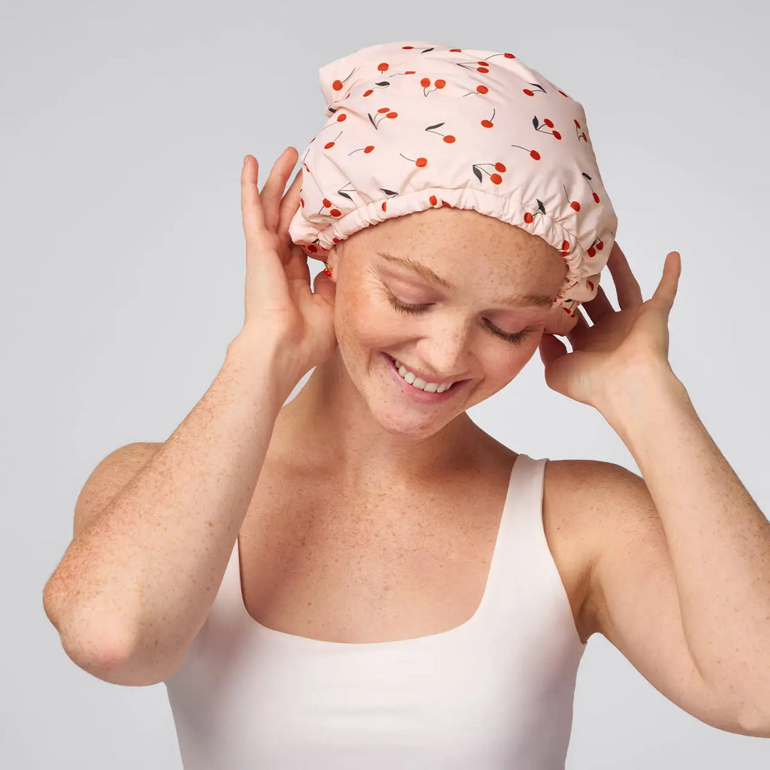 Satin-Lined Flexi Shower Cap in Cherry Print by Kitsch