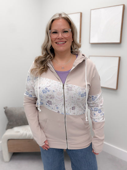 Nova Floral Strip Fullzip Hoodie in Taupe