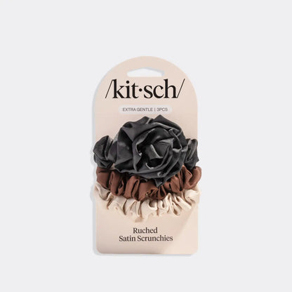 Rosette Rouched Satin Scrunchies in Black by Kitsch
