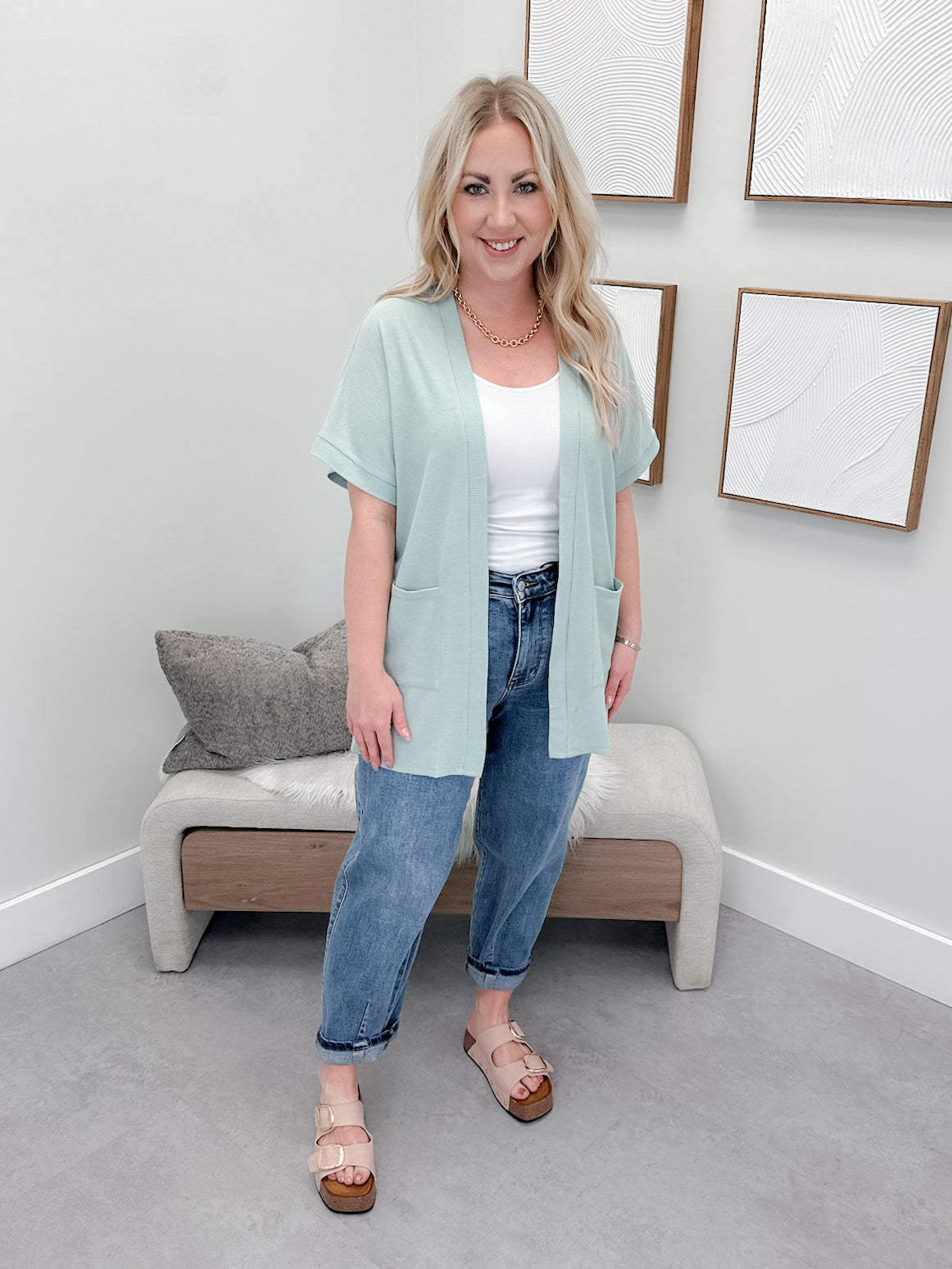 Lorainne Waffle Cardi in Mint