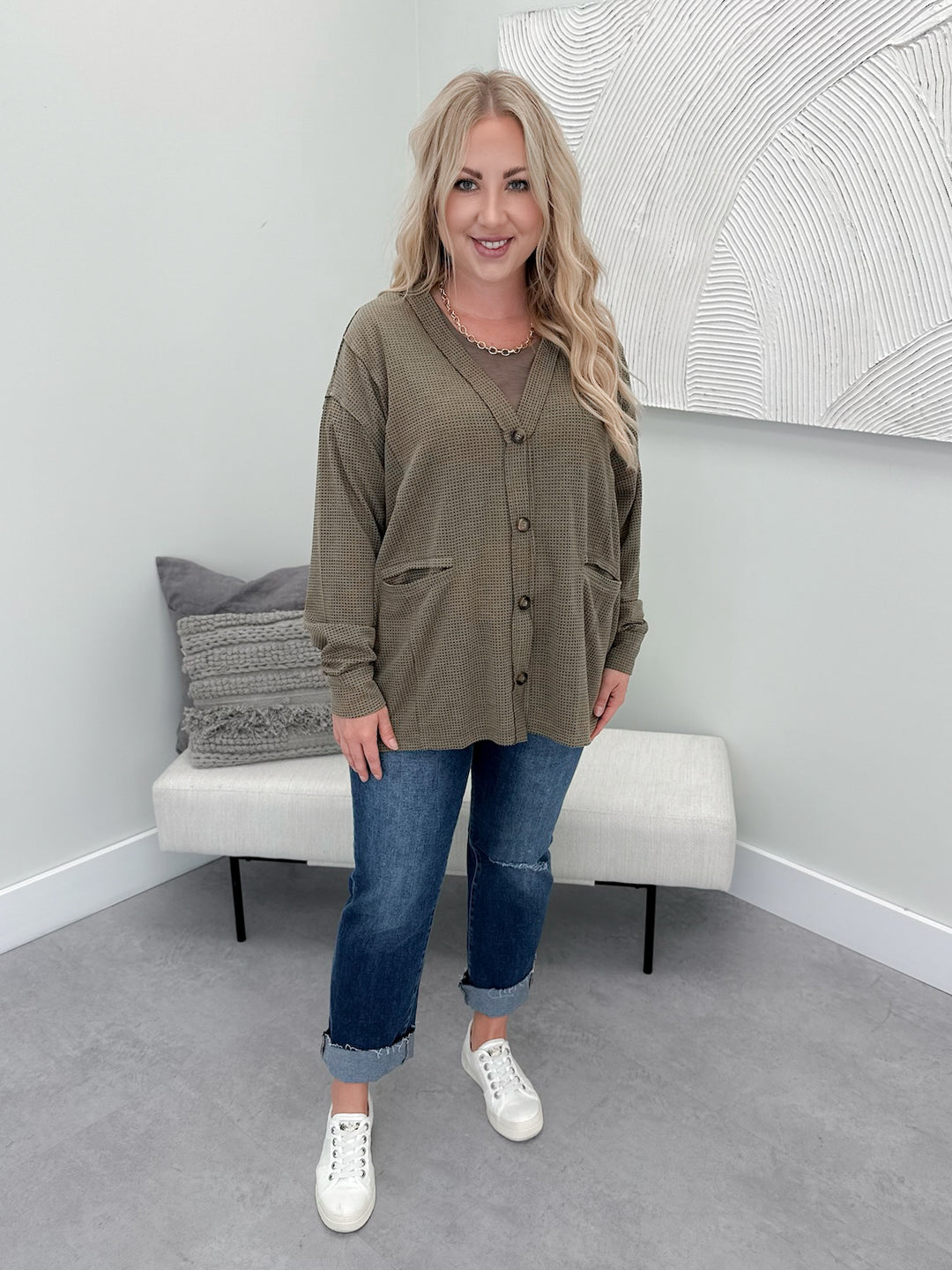 Otto Waffle Cardi in Olive