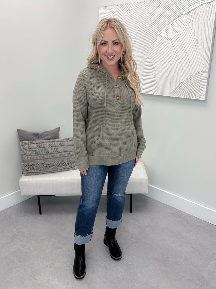 Ola Hooded Waffle Sweater in Olive