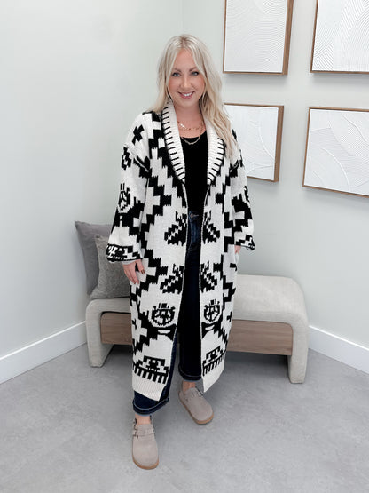 Downtown Long Coatigan in Cream & Black
