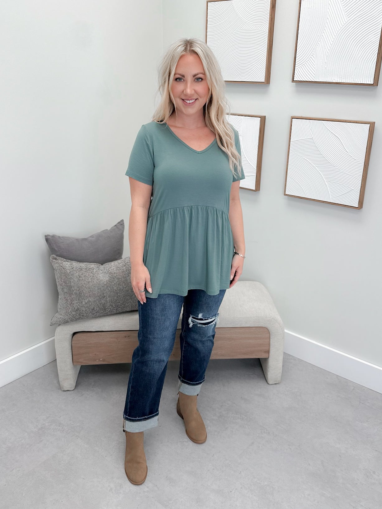 Sarah Ruffle Short Sleeve in Dusty Jade