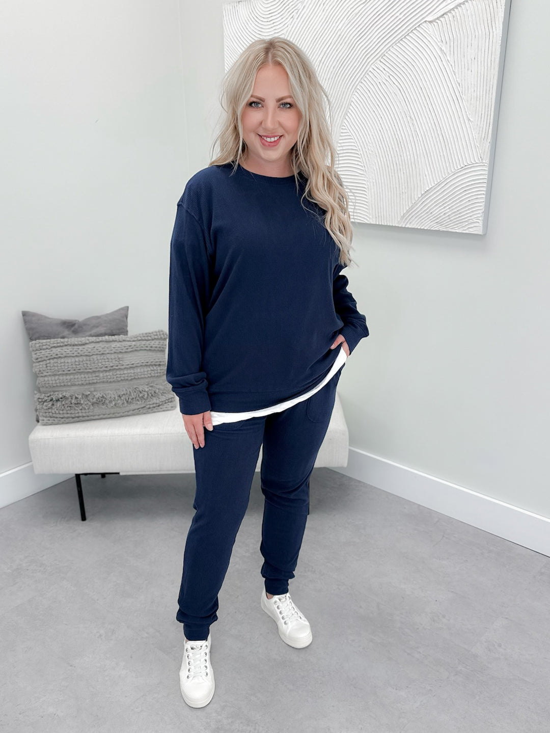 Corrine High Rise Ribbed Joggers in Navy