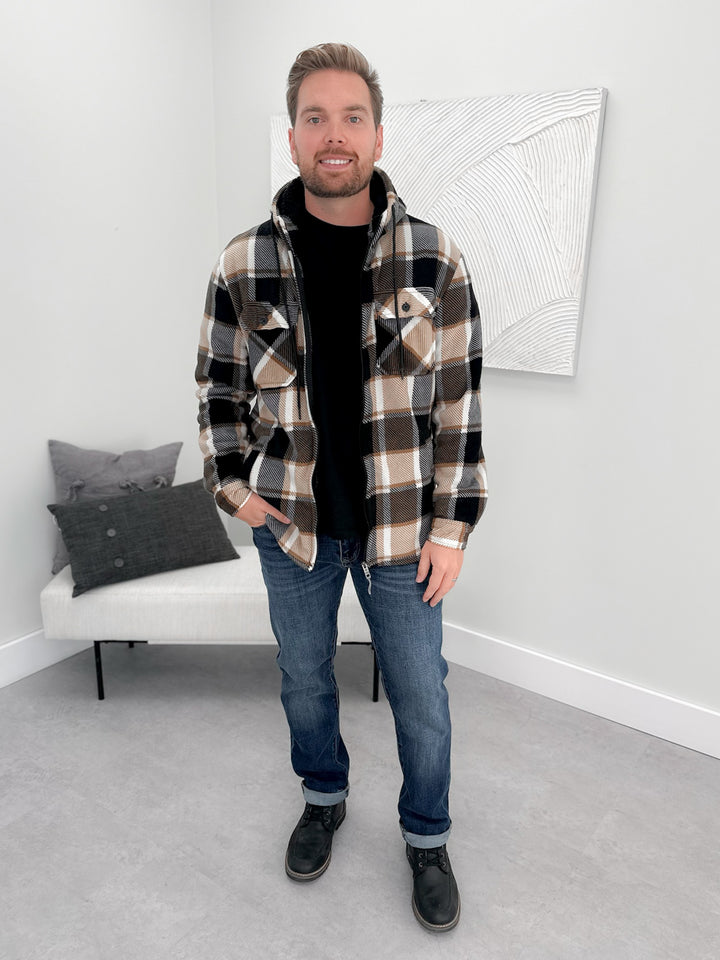 Mens Levan Fleece Hoodie in Black Plaid