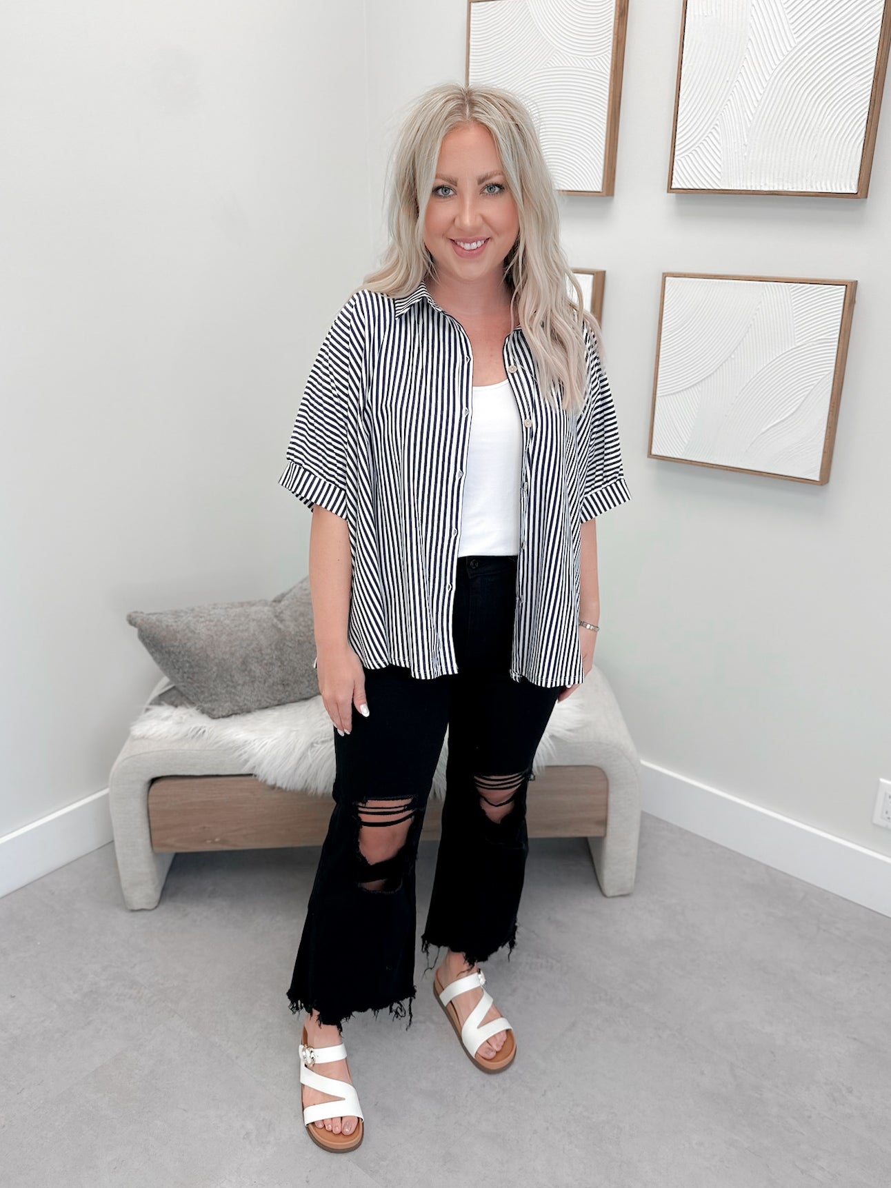 Domino Button Up Top in Navy Stripe