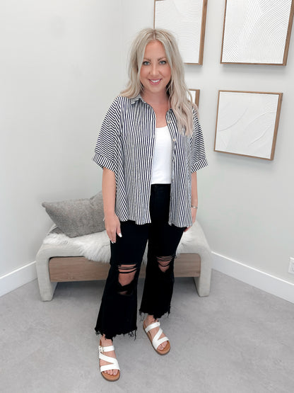 Domino Button Up Top in Navy Stripe