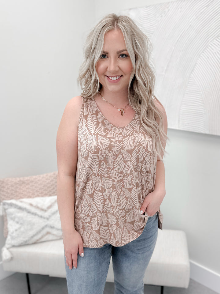 Perfect Pocket V-Neck Tank in Neutral Leaf by Grace & Lace