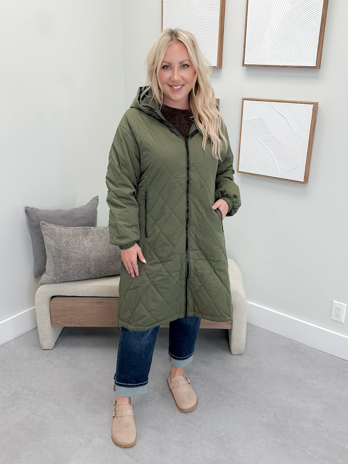 Cadence Longline Quilted Puffer Jacket in Army