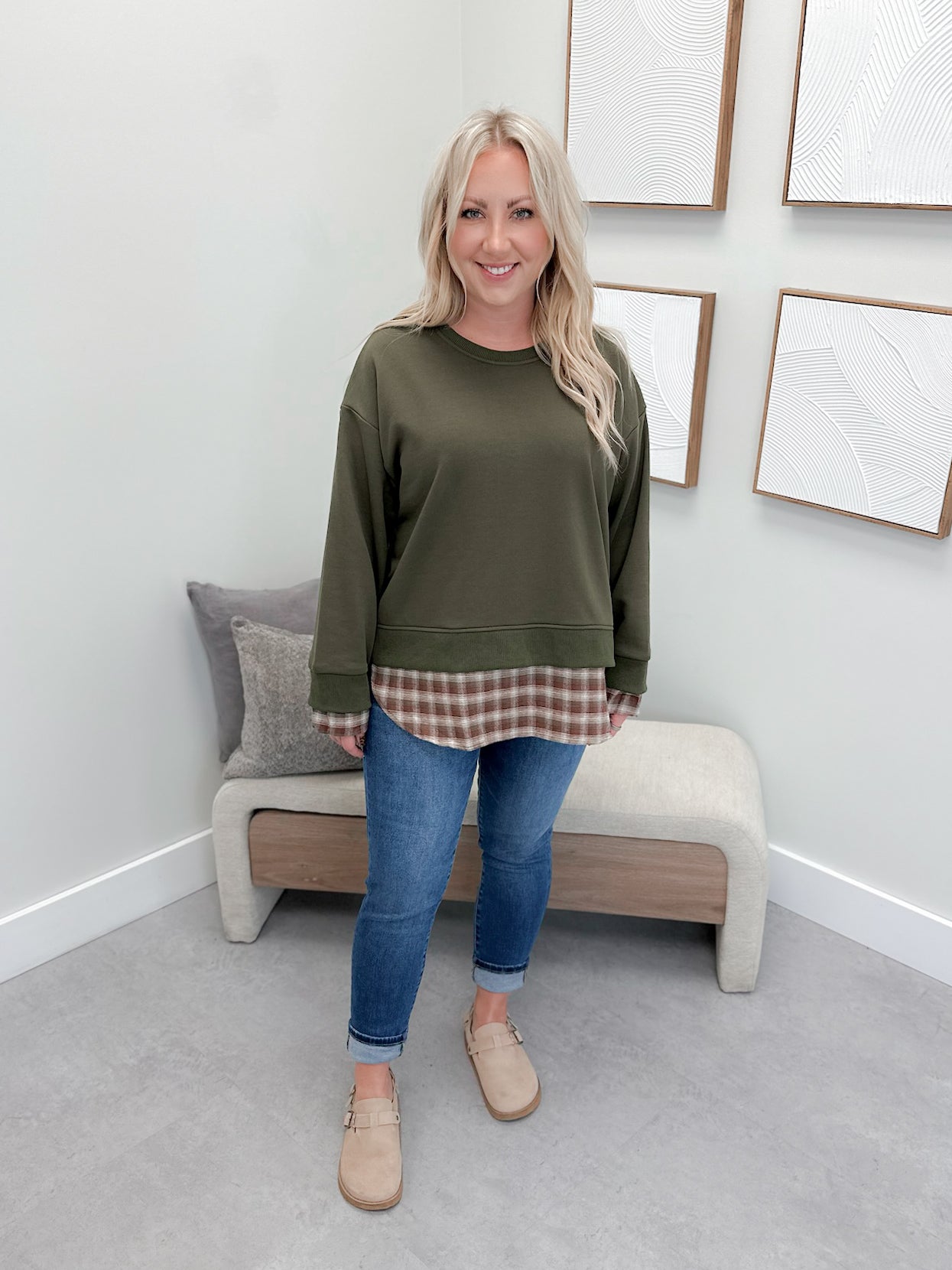 Tanya Pullover in Plaid & Olive