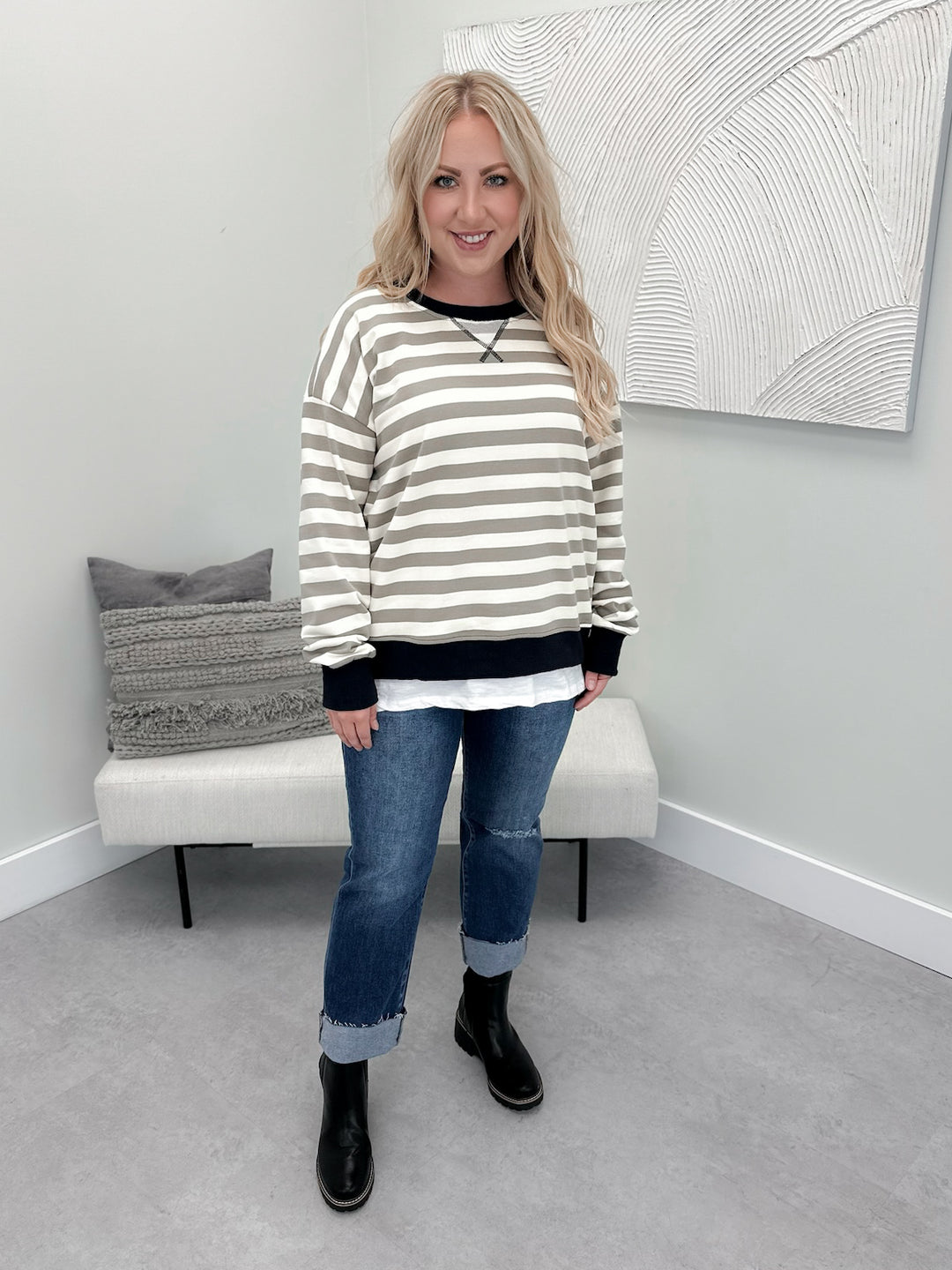 Lock Striped Pullover in Ash/Navy