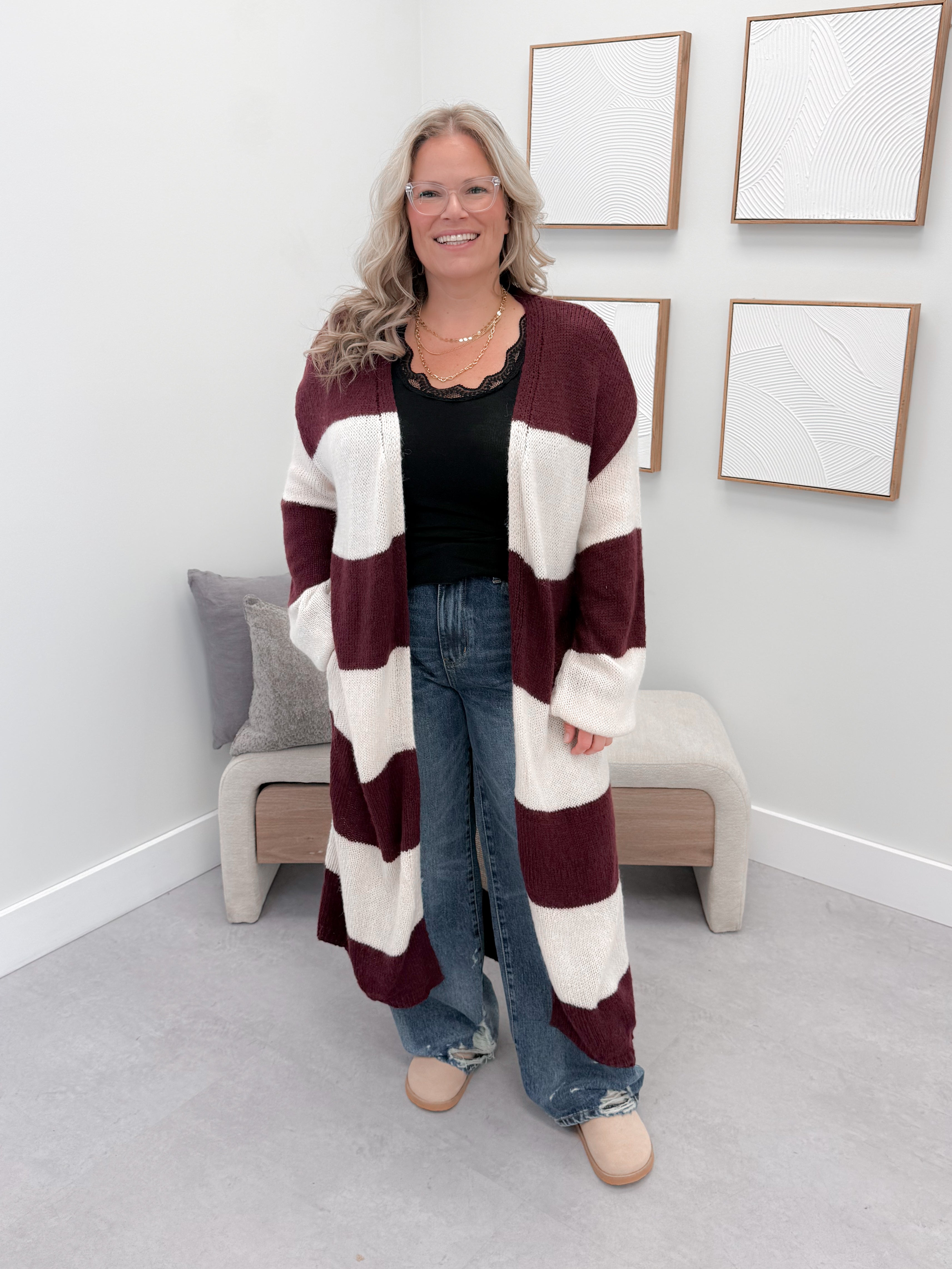 Koda Striped Long Cardi in Burgundy