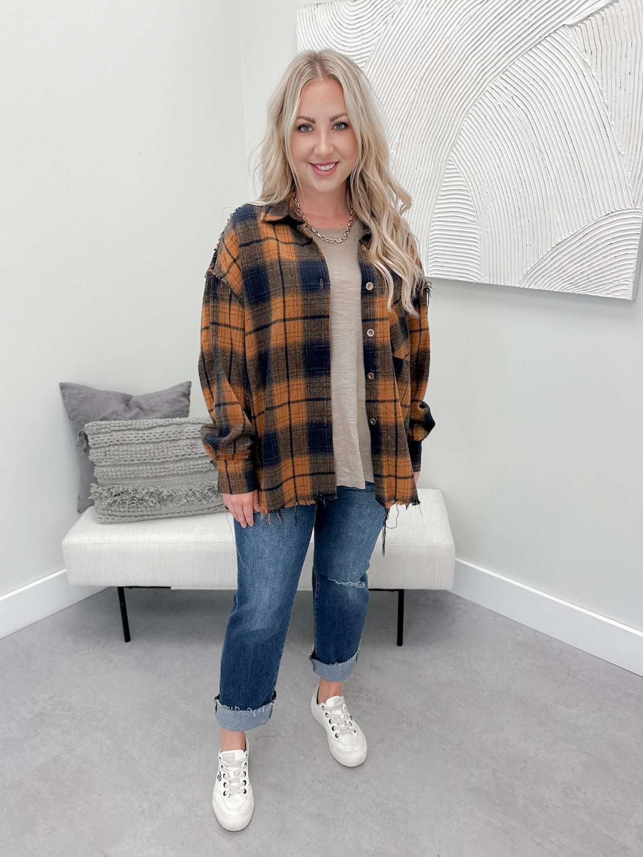 Kai Plaid Button Down Top in Camel