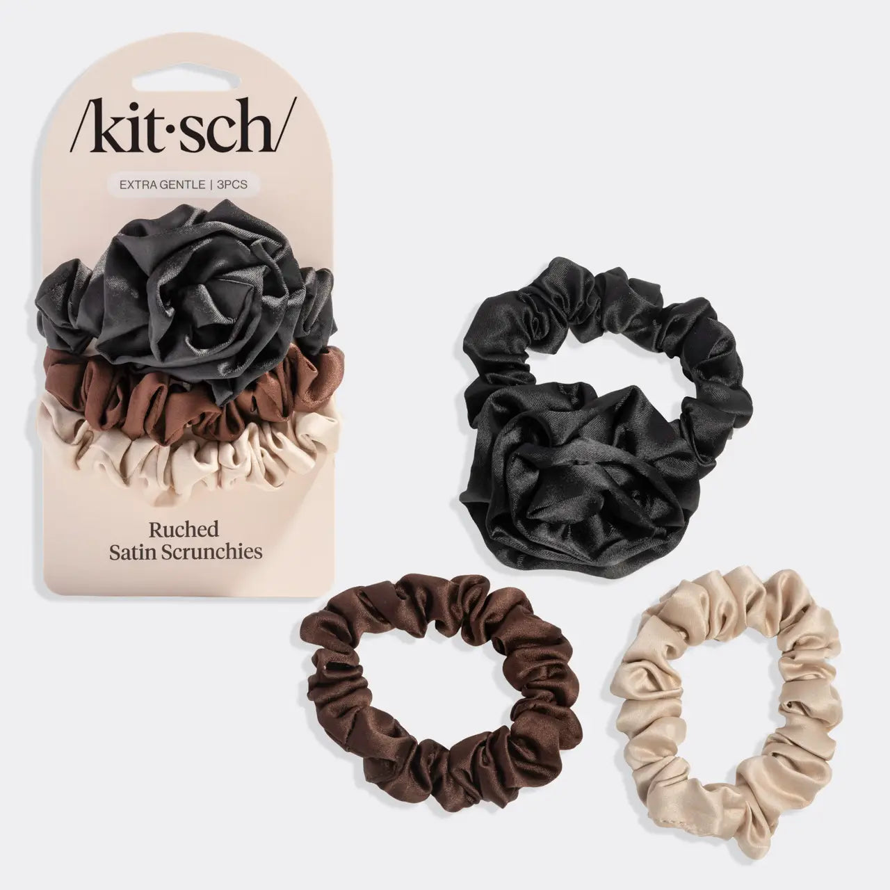 Rosette Rouched Satin Scrunchies in Black by Kitsch