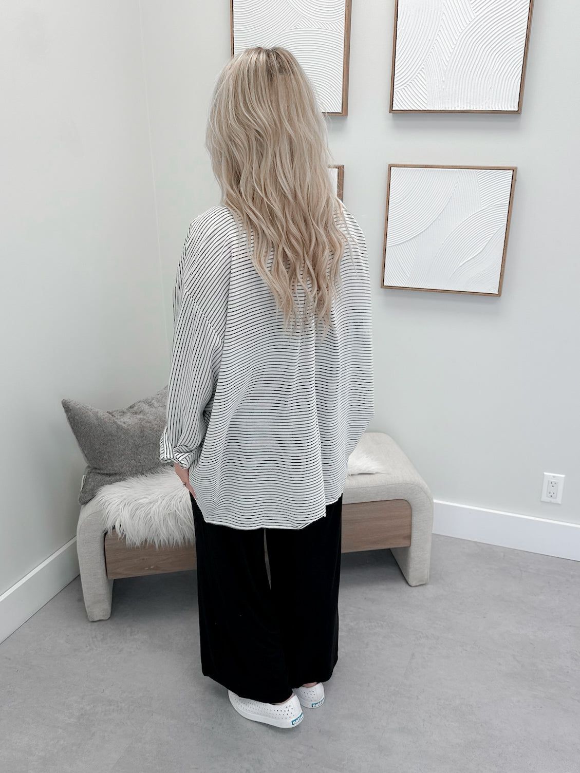 Eddie Button Up Top in Charcoal Stripe