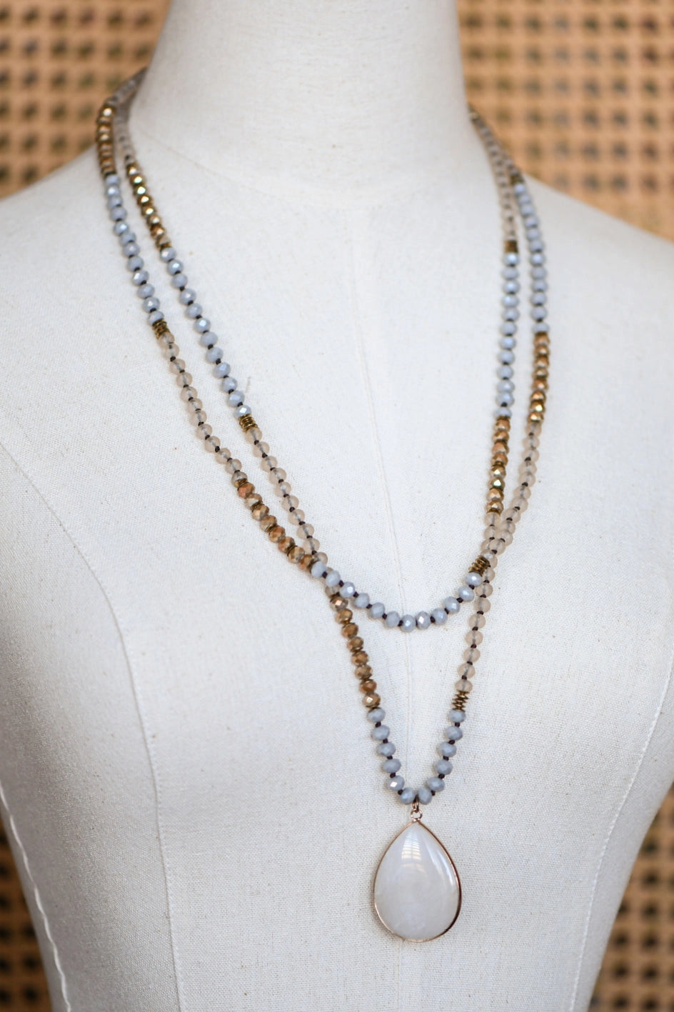 Boho Mixed Glass Bead Wrap Necklace in Grey & Gold
