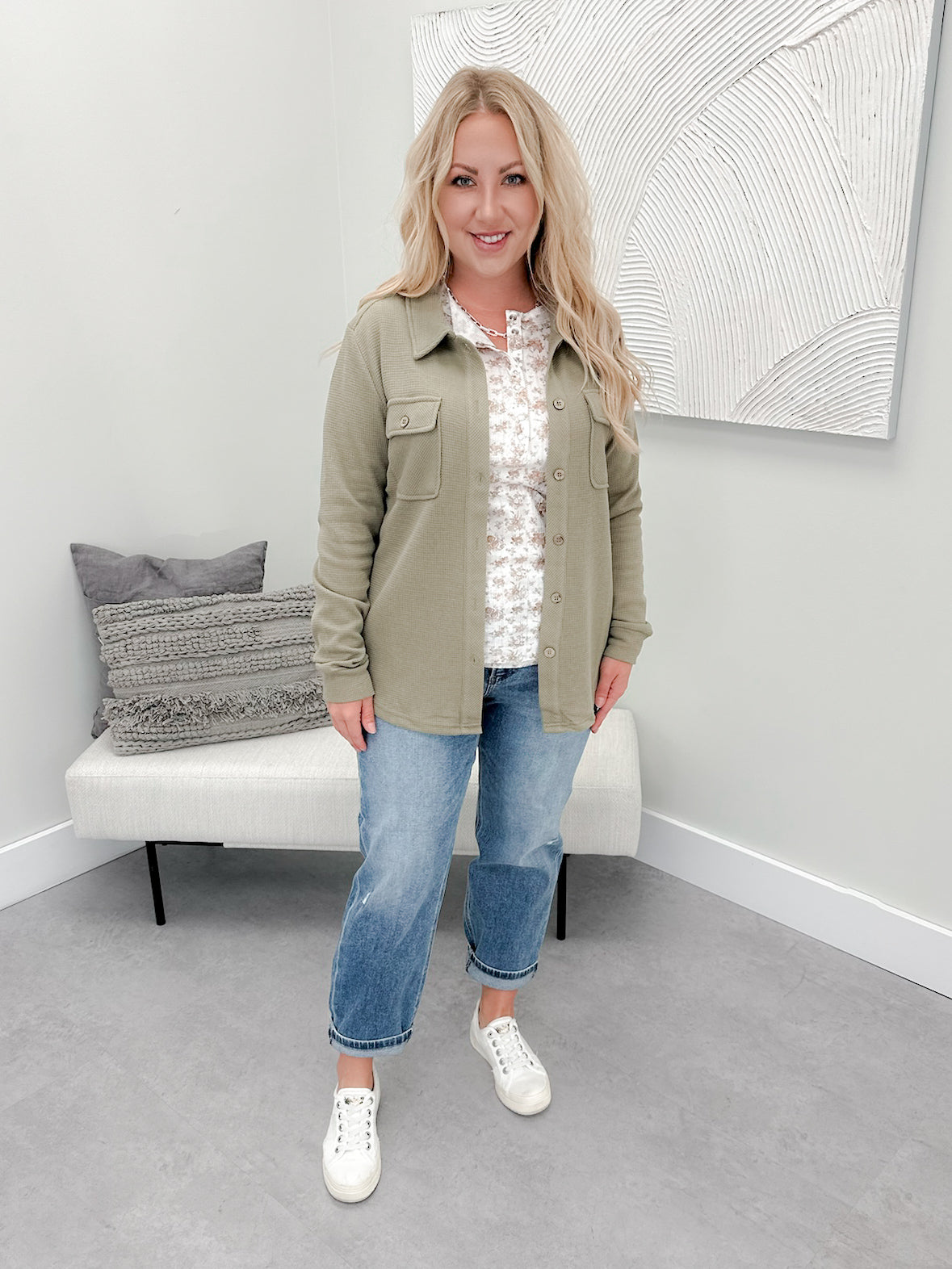 Waffle Knit Button Top in Olive