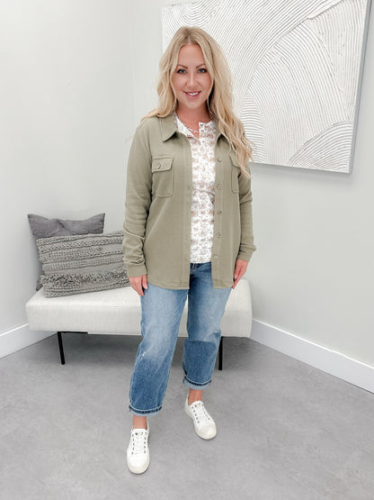 Waffle Knit Button Top in Olive